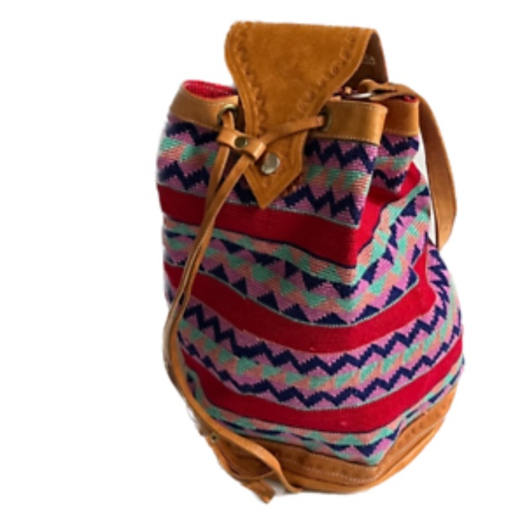 Boho Guatemala Bucket Bag DRAWSTRING Shoulder Tote Leather Woven Pink Red Hippie - Picture 3 of 12